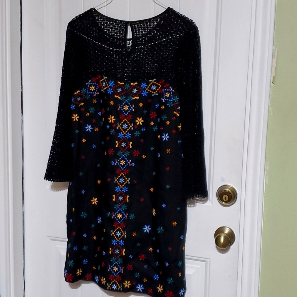 Anthropologie Yellow and Black Bell Sleeve Mini Dress